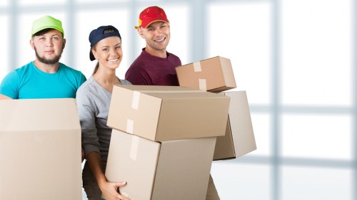 Removal van loading boxes for a flat move in Pimlico