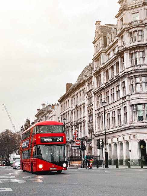 A red double-decker bus displaying route number 24 and heading to Pimlico is moving along a street near historic white-painted terraced buildings with multiple windows and decorative architectural features. The bus is close to a traffic light and a black lamppost, with a Union Jack flag attached to a building. Nearby, a person wearing dark clothing and a helmet is riding a bicycle on the pavement, while a few pedestrians are walking further down the sidewalk. The street is lined with a mix of modern and traditional lampposts, and in the background, there are construction cranes indicating ongoing development. The overall scene captures a typical busy London street near Pimlico Tube Station, with the focus on urban transportation and classic architecture, relevant for a house removal and moving services provider such as Removal Van Pimlico, illustrating the city's transportation environment for furniture transport and home relocation processes.