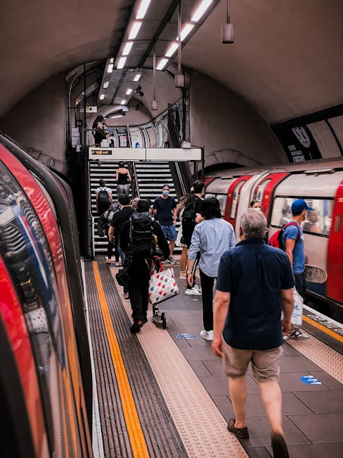 People walking through the underground station platform with two subway trains on either side, as passengers descend the stairs towards the platform. The station has a curved ceiling with overhead lighting, and various passengers are dressed in casual clothing, some carrying backpacks or shopping bags. The scene depicts an active moment of transit, relevant to transport logistics involved in house removals and moving services such as those offered by Removal Van Pimlico. The image highlights the convenience of connecting transport options near Pimlico Tube Station for home relocation or furniture transport, with an emphasis on passenger movement and station environment.